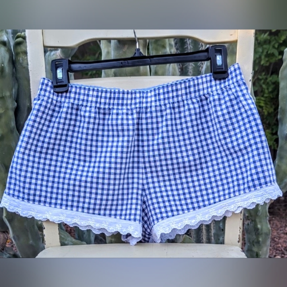 Vtg Victoria's Secret Blue Gingham Coquette Eyelet Lace Pajama Shorts Medium